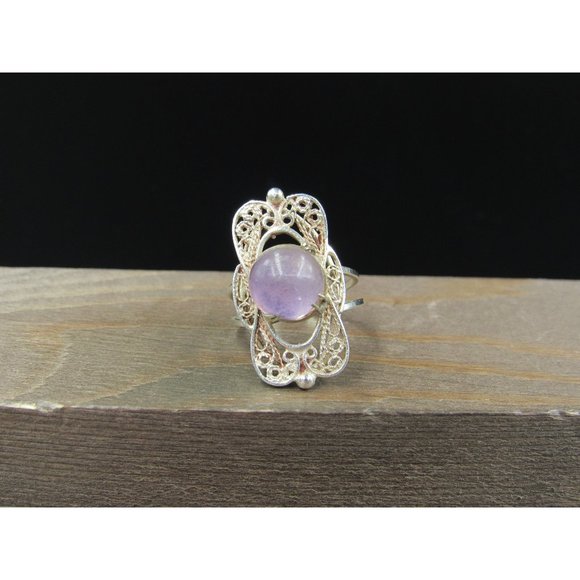 Size 8 Sterling Silver Tarnished Fancy Uncut Amethyst Stone Open Band Ring - Picture 1 of 9